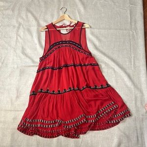 Free People Embroidered Red A-Line Dress, size large gauze